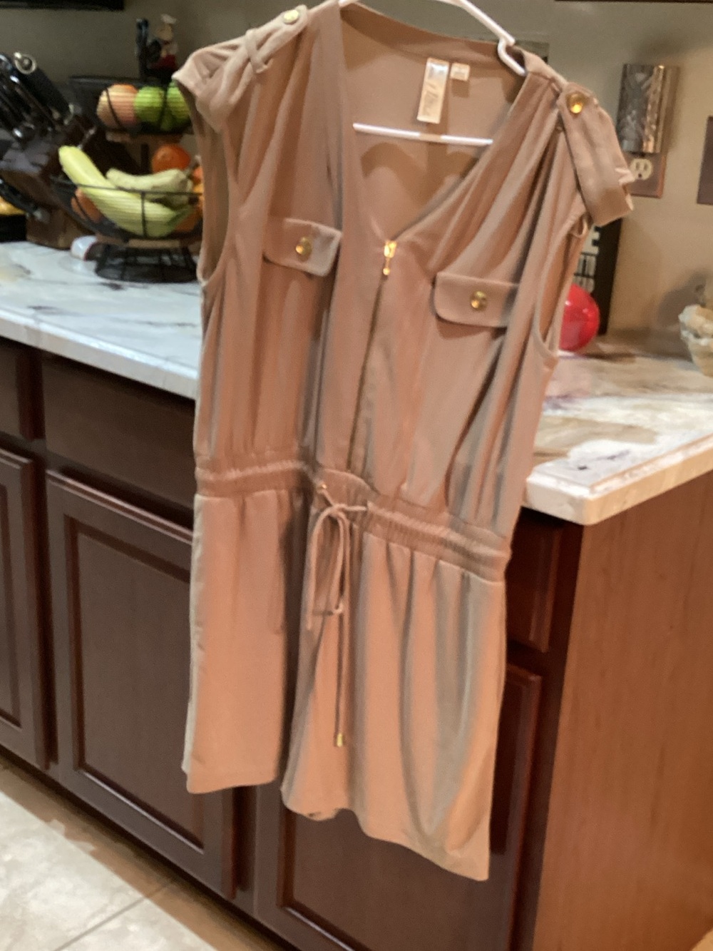 Emma & Michele Sleeveless Beige Utility Romper with Gold Buttons
